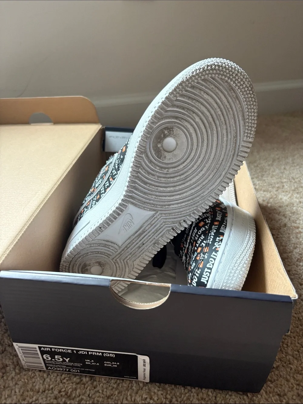 Nike Kids Air Force 1 'Just Do It' Black with White & Orange Accents